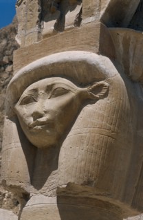 EGYPT, Nile Valley, Thebes, Deir-el-Bari. Hepshepsut Mortuary Temple. Carved column with head of