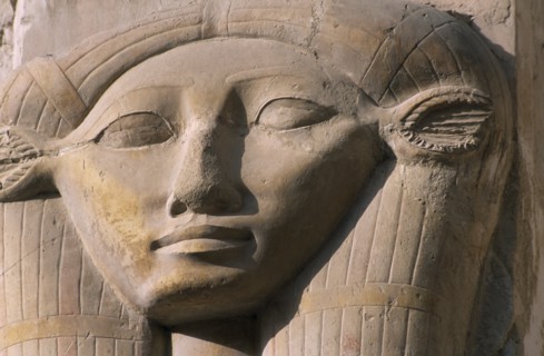 EGYPT, Nile Valley, Thebes, Deir-el-Bari. Hepshepsut Mortuary Temple. Carved column with head of