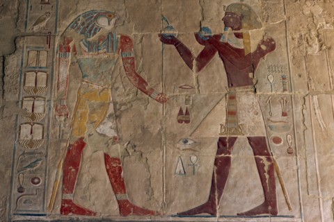EGYPT, Nile Valley, Thebes, Deir-el-Bahri. Hatshepsut Mortuary Temple. Chapel of Anubis. Relief of