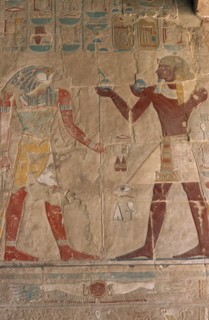 EGYPT, Nile Valley, Thebes, Deir-el-Bahri. Hatshepsut Mortuary Temple. Chapel of Anubis. Relief of