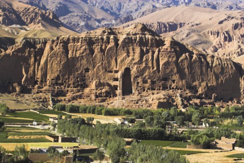 AFGHANISTAN, Bamiyan Province, Bamiyan, View of Bamiyan valley and village showing cliffs with