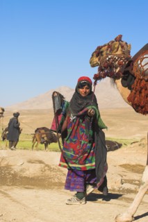 AFGHANISTAN, Desert, "Kuchie nomad lady leads camel train, between Chakhcharan and Jam"