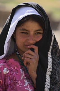 AFGHANISTAN, Ghor Province, Pal-Kotal-i-Guk, "Shy Aimaq nomad camp, Aimaq girl