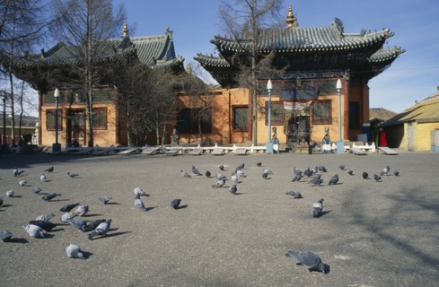MONGOLIA, Ulaan Baatar, Gandan Hiid Buddhist monastery exterior facade with pigeons in courtyard in