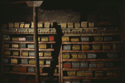 NEPAL, Mustang, Tsarang, "Ancient sacred texts stored in library of old palace of Tsarang, their