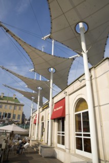 ENGLAND, East Sussex, Brighton, Ornate Awnings outside public house / cafe above Brighton Aquarium.