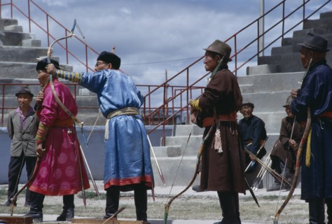 MONGOLIA, Ulan Bator, Nadam  National Day Ulan Bator stadium  three veteran competitors taking part