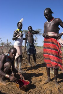 ETHIOPIA, Lower Omo Valley, Tumi, "Dombo village, Hamer man stirring cows bood ready for drinking"