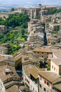 ITALY, Tuscany, Siena, View over rooftops and gardens with a narrow winding medieval street towards
