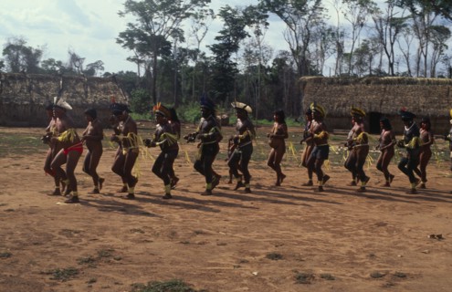 BRAZIL, Mato Grosso, Indigenous Park of the Xingu, Panar‡ men and women performing traditional