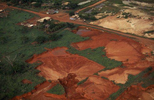 BRAZIL, Mato Grosso, Peixoto de Azevedo, "Aerial view over landscape with severe damage/pollution