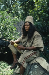 COLOMBIA, Sierra Nevada de Santa Marta, Ika, Ika man in traditional dress  helmet of woven cactus