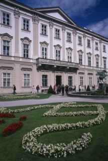 AUSTRIA, Salzburg, Mirabell Palace exterior facade and gardens built in 1606 by Prince Archbishop