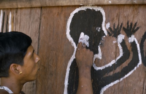 COLOMBIA, North West Amazon, Tukano Indigenous People, Cropped shot of Barasana Indian painting