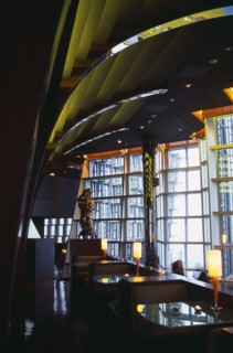 CHINA, Shanghai, Interior of Cloud 9 bar in the Jin Mao building in Pudong.  Seating area and glass