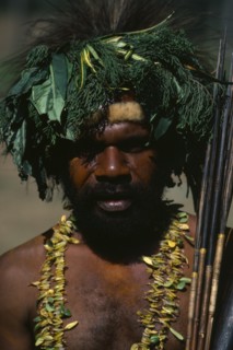 PAPUA NEW GUINEA, Goroka, Head and shoulders portrait of man wearing head-dress made from leaves