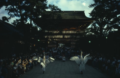 JAPAN, Honshu, Kyoto, "Gion District, Yasaka Shrine.  Performance of the Dance of the White Herons