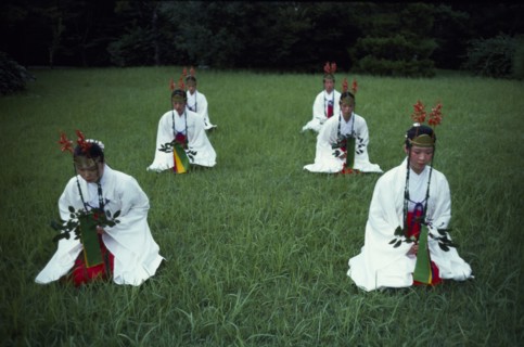 JAPAN, Honshu, Ise, Shrine maidens dance the ancient yamato mai near the Grand Shrine of Ise