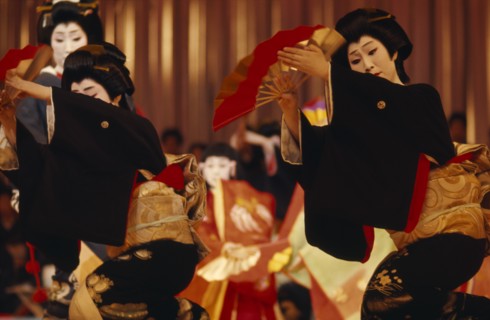 JAPAN, Customs, Geisha, Geisha performing dance with fans during stage show held in the spring for