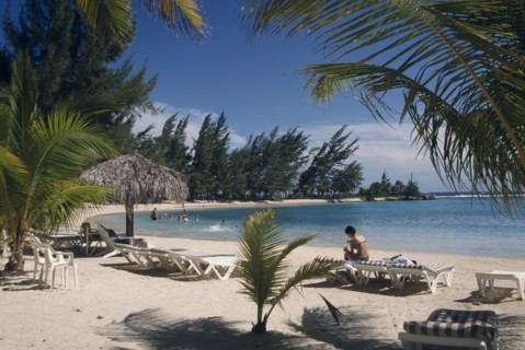 HONDURAS, Roatan Island, Fantasy Island. View through palm tree branches towards  a woman sitting