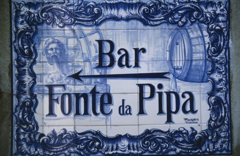PORTUGAL, Sintra, Detail of typical blue tiles advertising Bar Fonte da Pipa