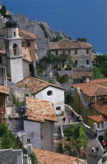 ITALY, Lombardy, Lake Garda , "Limone Sur Garda.  View over raised streets, church bell tower and
