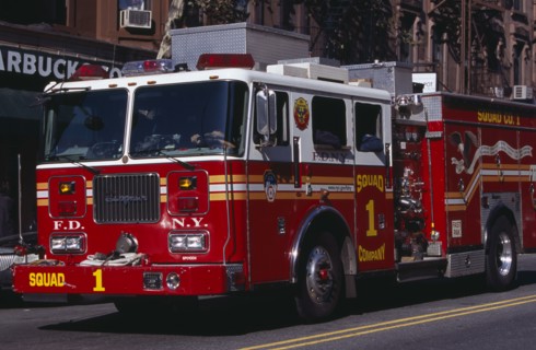 USA, New York, New York City, New York fire department truck on street.