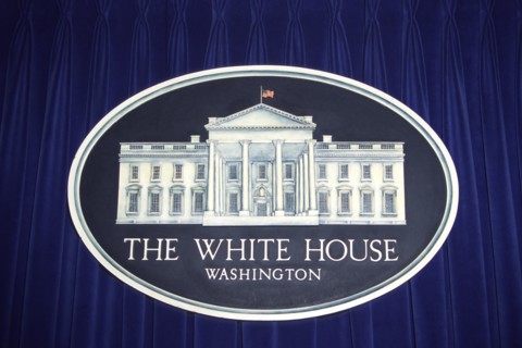 USA, Washington DC, "White house sign and logo, Press Room, The White House, Pennsylvania Avenue,"