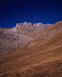SPAIN, Aragon, Pyrenees, Sierra de la Escusana.  Mountain landscape with eroded rock pinnacles and