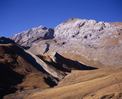 SPAIN, Aragon, Pyrenees, "Sierra de Tendenera and highest point Pico de Tendener.  Peaks from left