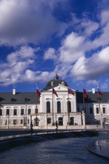 SLOVAKIA, Bratislava, "Presidential Palace, part view of exterior facade with flags.  Circular