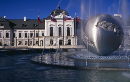 SLOVAKIA, Bratislava, "Presidential Palace, part view of exterior facade with circular, modern