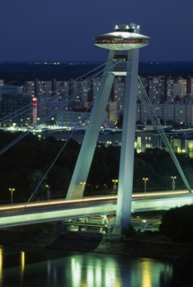 SLOVAKIA, Bratislava, Novy Most (New Bridge) topped with restaurant over the River Danube with