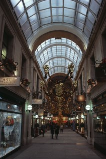 ENGLAND, Nottinghamshire, Nottingham, Exchange Arcade interior decorated at Christmas with people