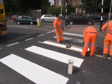 TRANSPORT, Road, Pedestrian Crossings, White lines being painted on Zebra Crossing.