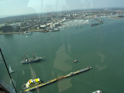 ENGLAND, Hampshire, Portsmouth, Gunwharf Quays. The Spinnaker Tower. View looking out of a glass