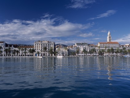CROATIA, Dalmatia, Split, Harbour and waterfront with St Domnius Cathedral spire behind