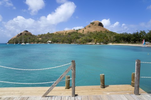 WEST INDIES, St Lucia, Gros Islet , Pigeon Island National Historic Park seen from a nearby wooden