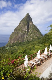 WEST INDIES, St Lucia, Soufriere , Val des Pitons The volcanic plug of Petit Piton and the lush