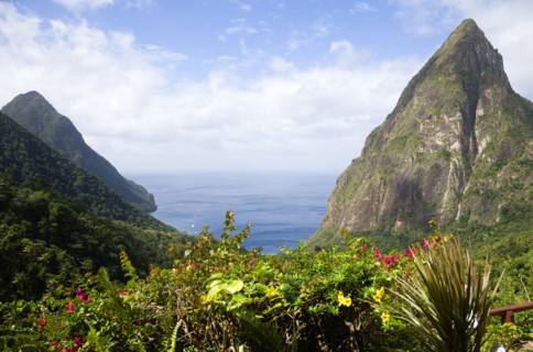 WEST INDIES, St Lucia, Soufriere , Val des Pitons The volcanic plugs of Gros Piton on the left and