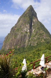 WEST INDIES, St Lucia, Soufriere , Val des Pitons The volcanic plug of Petit Piton and the lush