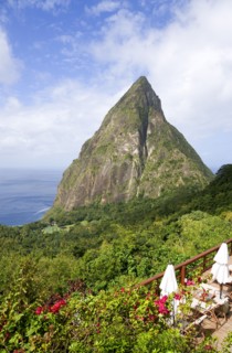 WEST INDIES, St Lucia, Soufriere , Val des Pitons The volcanic plug of Petit Piton and the lush