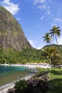 WEST INDIES, St Lucia, Soufriere , Val des Pitons The white sand beach at the Jalousie Plantation