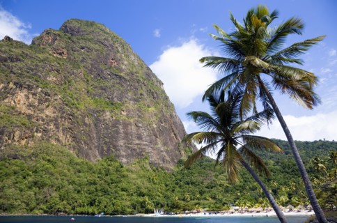 WEST INDIES, St Lucia, Soufriere , Val des Pitons The white sand beach at the Jalousie Plantation