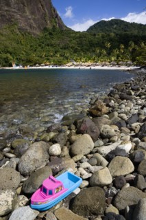 WEST INDIES, St Lucia, Soufriere , Val des Pitons The white sand beach at the Jalousie Plantation