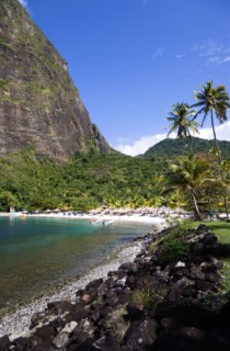 WEST INDIES, St Lucia, Soufriere , Val des Pitons The white sand beach at the Jalousie Plantation