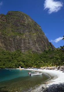 WEST INDIES, St Lucia, Soufriere , Val des Pitons The white sand beach at the Jalousie Plantation