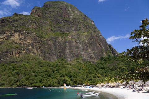 WEST INDIES, St Lucia, Soufriere , Val des Pitons The white sand beach at the Jalousie Plantation