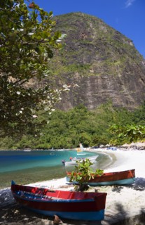 WEST INDIES, St Lucia, Soufriere , Val des Pitons The white sand beach at the Jalousie Plantation