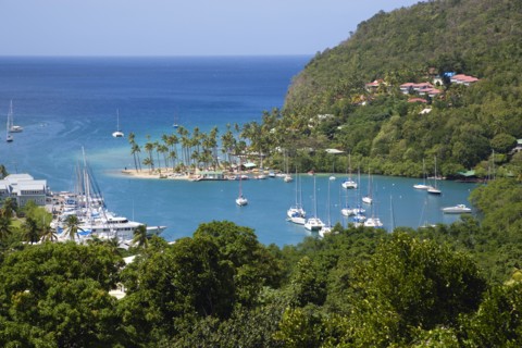 WEST INDIES, St Lucia, Castries , Marigot Bay The harbour with yachts at anchor the and lush